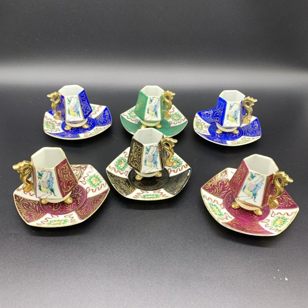 Lot 12pc Vintage Ardalt Lenwile Japan Footed Mini Tea Cup & Saucer Floral & Bird